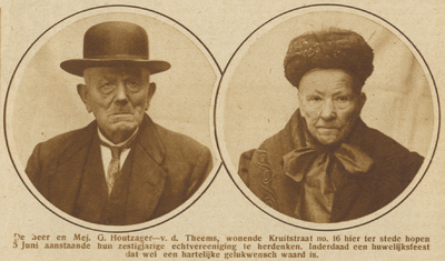871242 Dubbelportret van het echtpaar Houtzager-van der Teems (Kruitstraat 16) te Utrecht, dat 60 jaar getrouwd is.